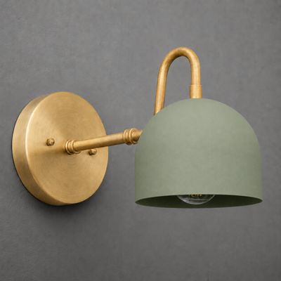 Wall-mounted sconce with matte green dome shade and brushed brass arm and base. - SCONCE MODEL NO. 3628