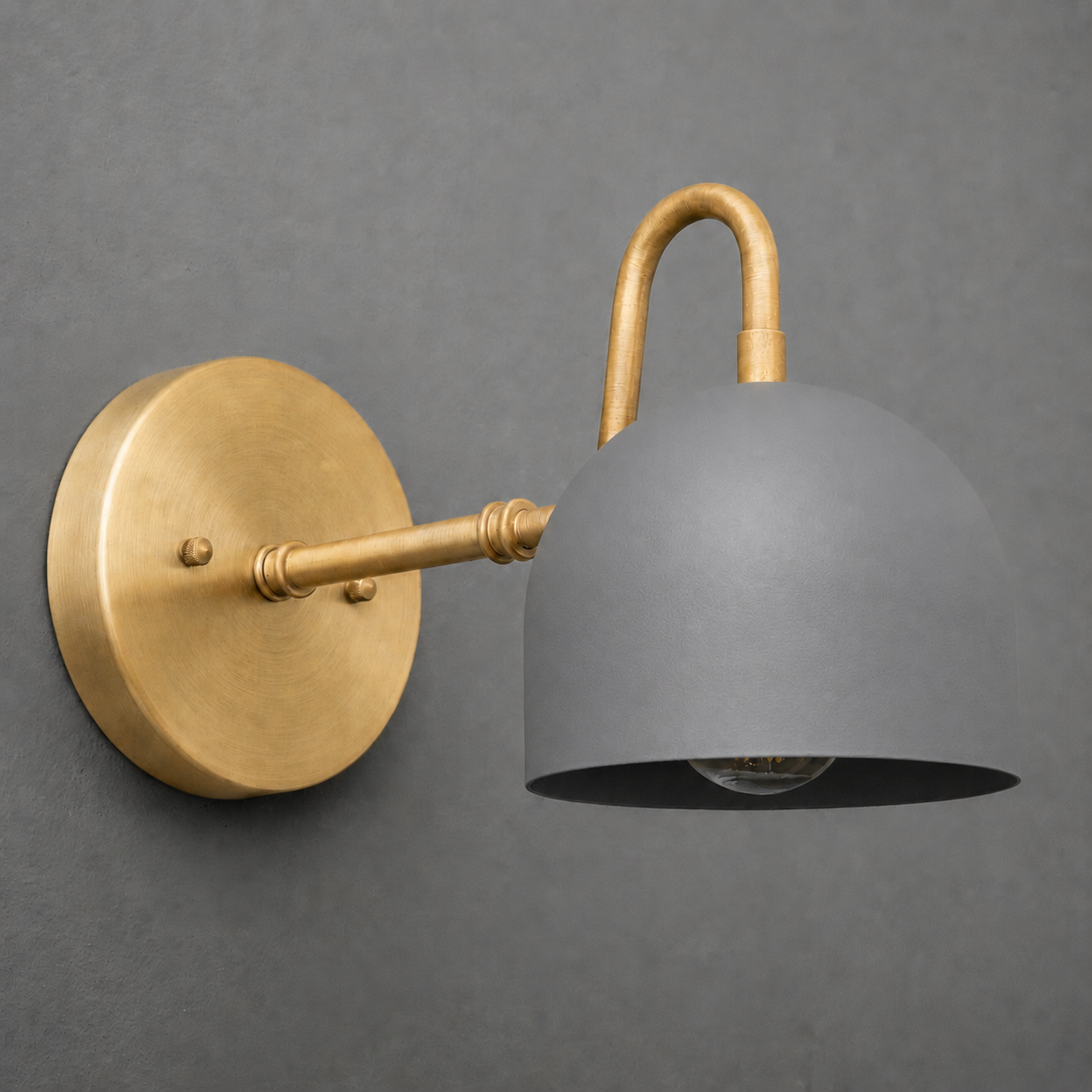 Matte gray dome-shaped metal shade with brushed brass arm and round wall mount single-bulb sconce. - SCONCE MODEL NO. 3628