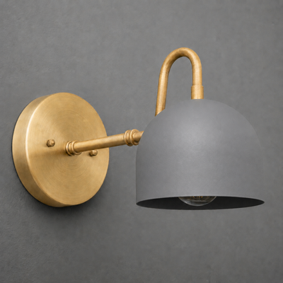Matte gray dome-shaped metal shade with brushed brass arm and round wall mount single-bulb sconce. - SCONCE MODEL NO. 3628