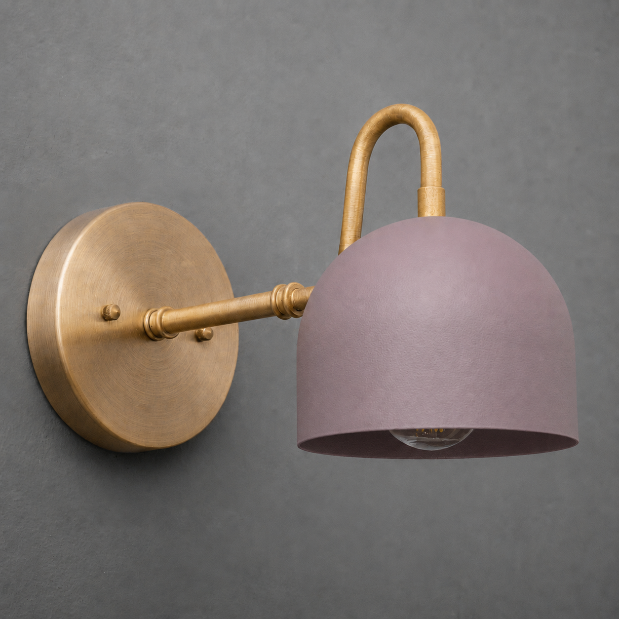 Brushed brass wall sconce with matte purple dome-shaped metal shade and exposed bulb inside. - SCONCE MODEL NO. 3628