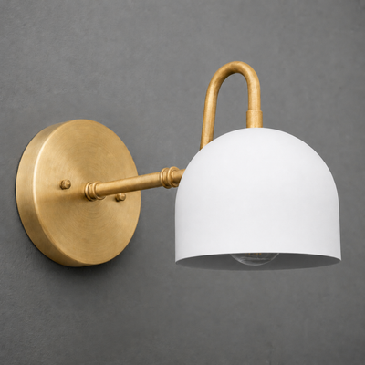 Brushed brass wall sconce with curved arm and white dome-shaped glass shade, single bulb design. - SCONCE MODEL NO. 3628