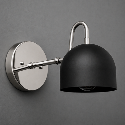 Matte black dome-shaped metal sconce with brushed nickel round wall mount and arm. - SCONCE MODEL NO. 3628