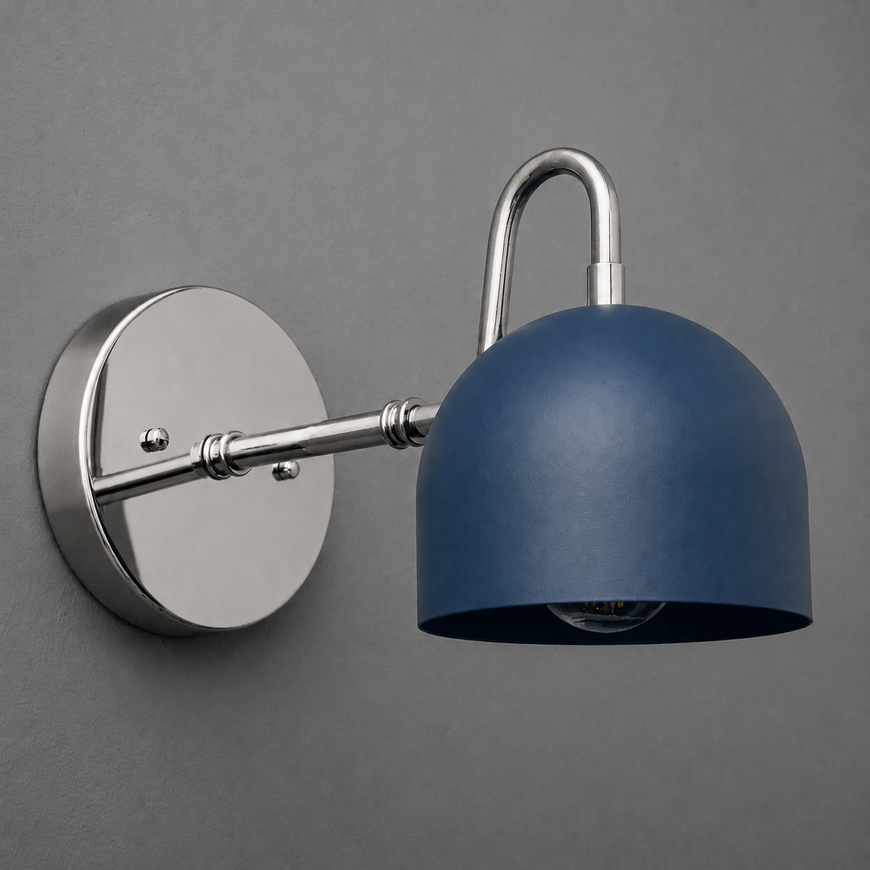 Wall-mounted sconce with brushed nickel arm and round backplate, featuring a matte navy blue dome-shaped metal shade. - SCONCE MODEL NO. 3628