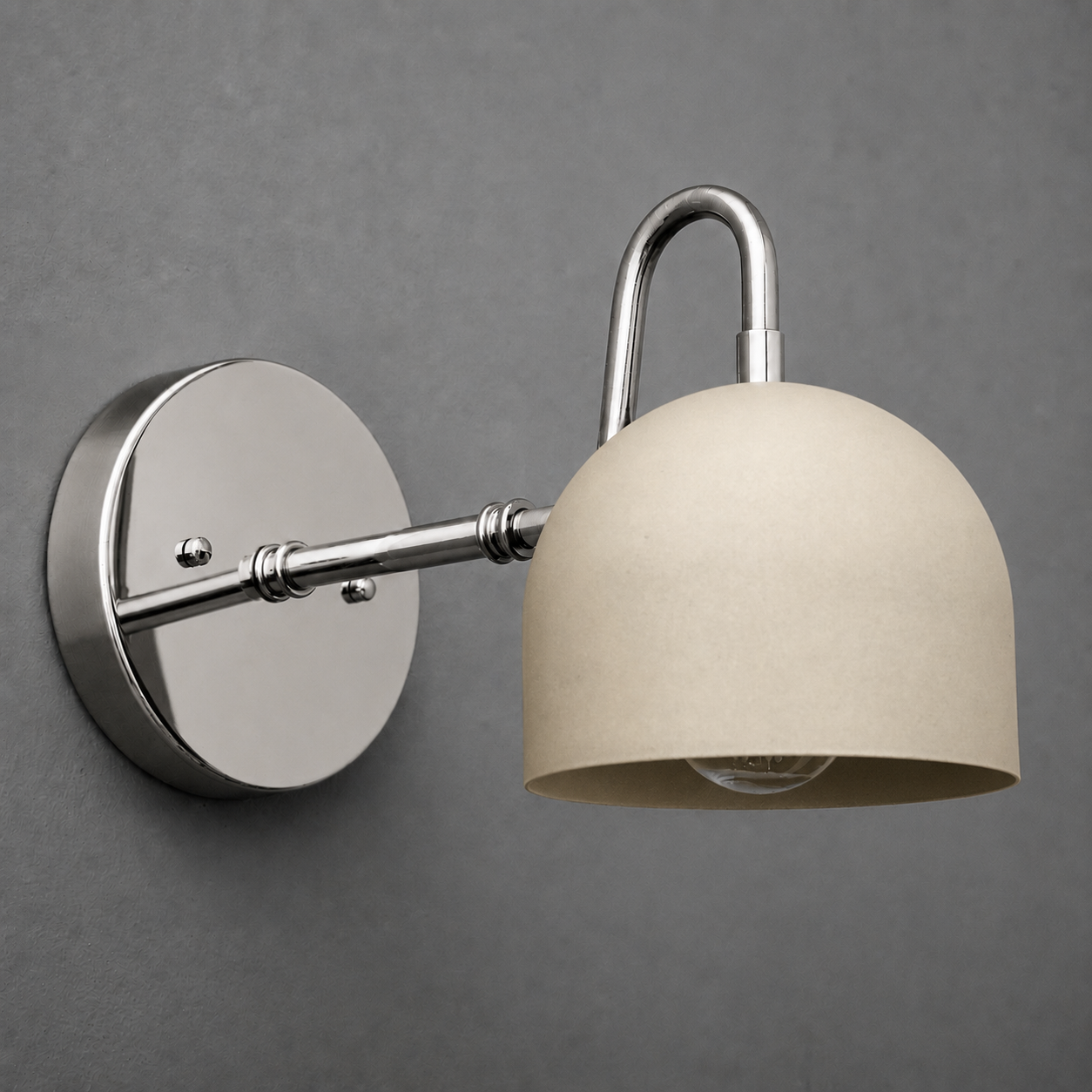 Wall-mounted sconce with brushed nickel finish and beige dome-shaped shade from Deep Ball Collection. - SCONCE MODEL NO. 3628