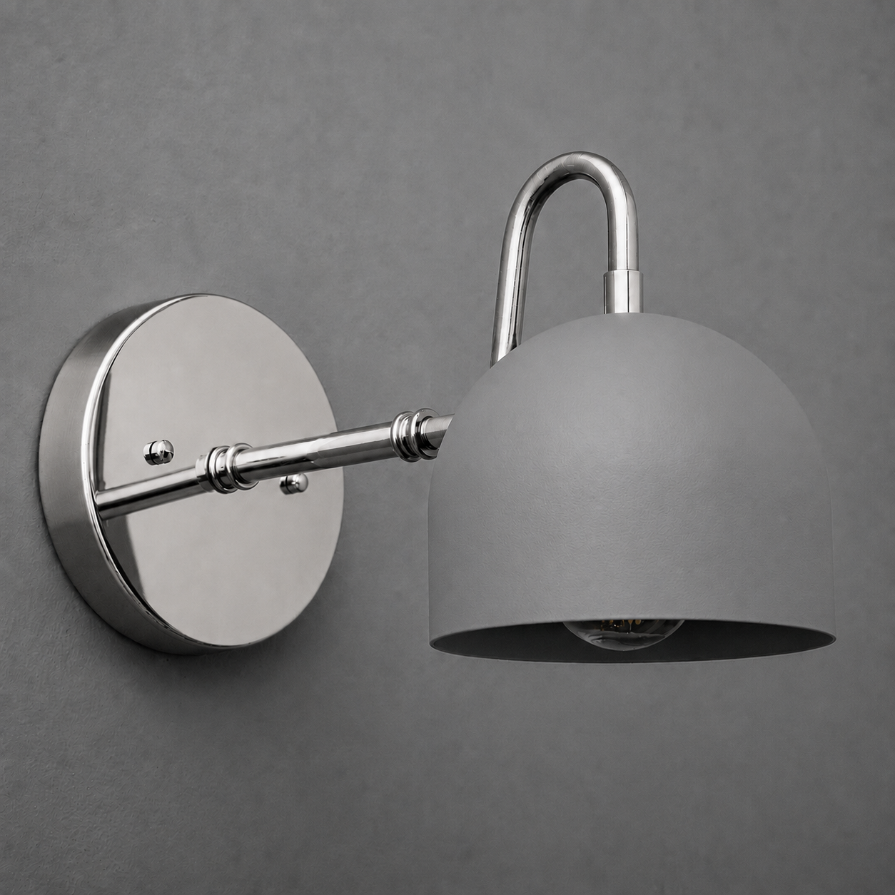 Matte gray metal dome-shaped sconce with curved arm and round wall mount in brushed nickel finish. - SCONCE MODEL NO. 3628