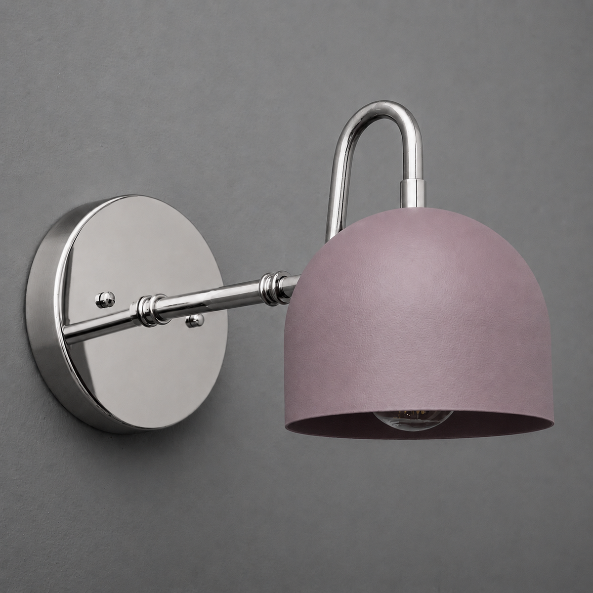 Wall-mounted 1-bulb sconce with brushed metal arm and mauve dome-shaped shade. - SCONCE MODEL NO. 3628