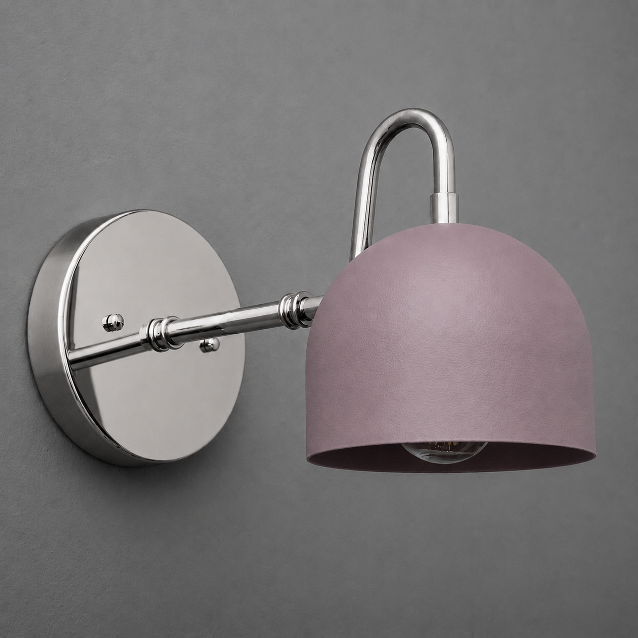 Wall-mounted 1-bulb sconce with brushed metal arm and mauve dome-shaped shade. - SCONCE MODEL NO. 3628