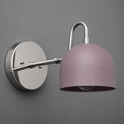 Wall-mounted 1-bulb sconce with brushed metal arm and mauve dome-shaped shade. - SCONCE MODEL NO. 3628