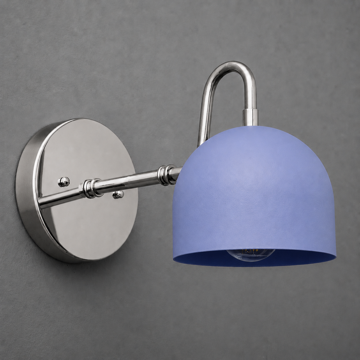 Wall-mounted sconce with brushed nickel arm and round base, featuring a matte blue dome-shaped shade. - SCONCE MODEL NO. 3628