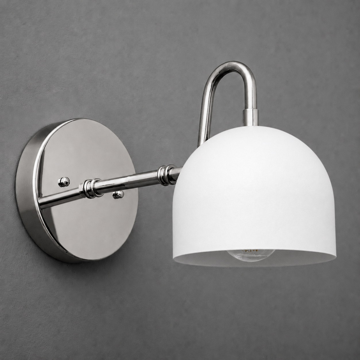 Wall-mounted single bulb sconce with brushed nickel finish and white dome-shaped glass shade. - SCONCE MODEL NO. 3628