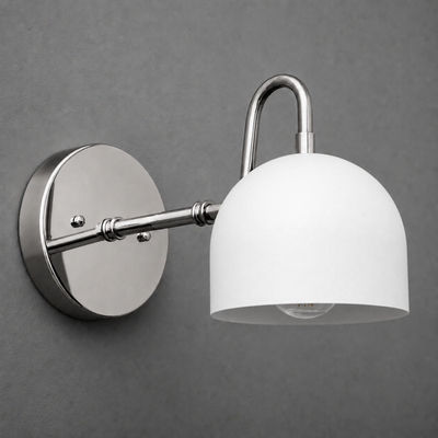 Wall-mounted single bulb sconce with brushed nickel finish and white dome-shaped glass shade. - SCONCE MODEL NO. 3628