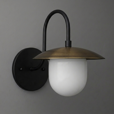 Wall-mounted sconce with black metal arm, round bronze-finished shade, and white glass globe bulb cover. - SCONCE MODEL NO. 7191