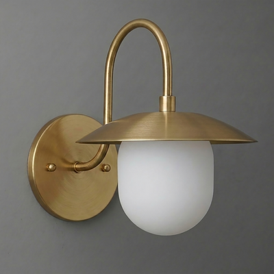 Wall-mounted brass sconce with a curved arm and frosted glass globe shade. - SCONCE MODEL NO. 7191