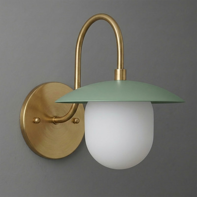 Brushed brass wall sconce with curved arm, matte green metal shade, and frosted white glass bulb cover. - SCONCE MODEL NO. 7191