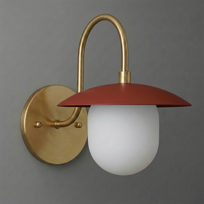 Wall sconce with matte red metal shade, frosted glass bulb cover, and curved brass arm on round brass base. - SCONCE MODEL NO. 7191