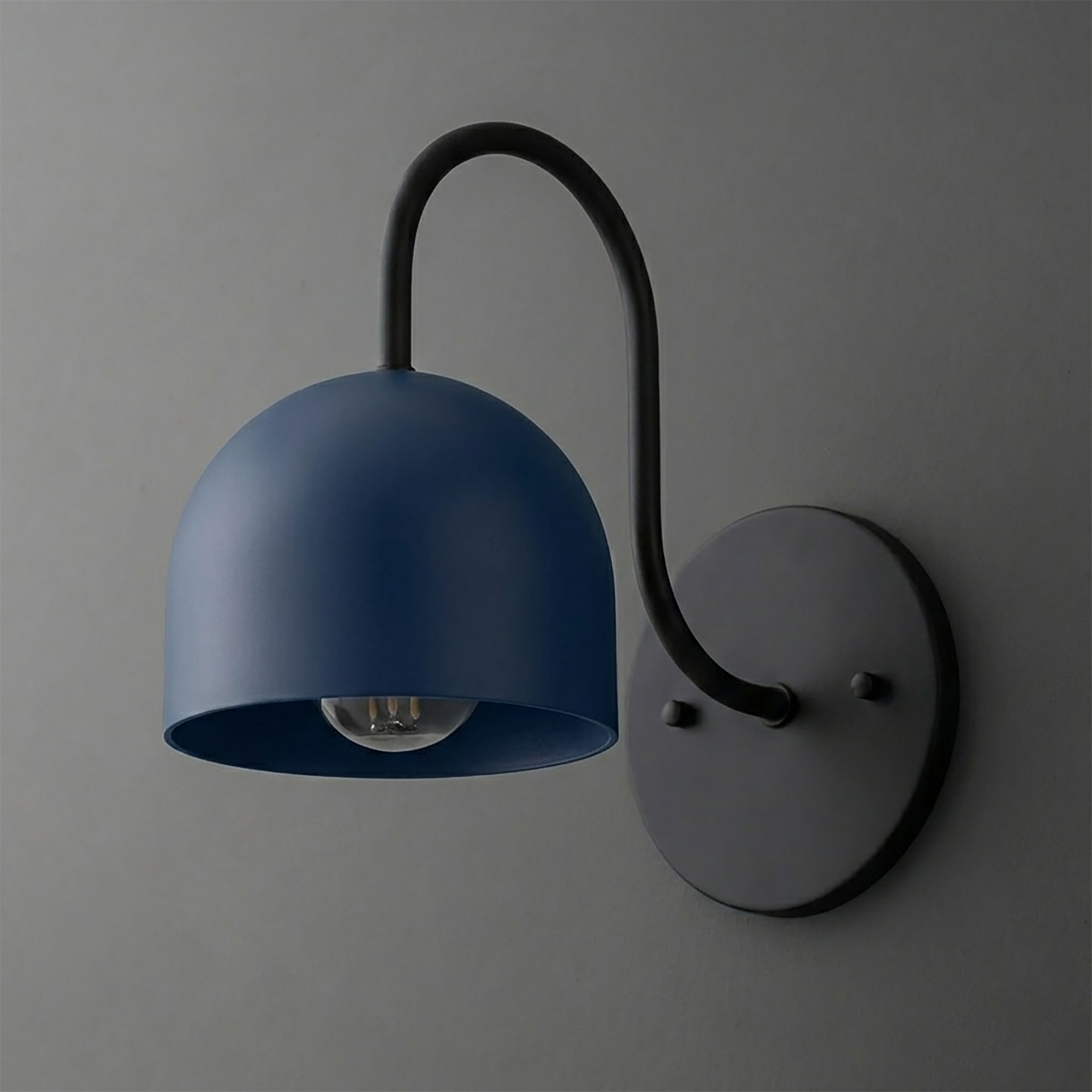 Matte blue dome-shaped metal shade sconce with curved black arm and round black wall mount. - SCONCE MODEL NO. 6308