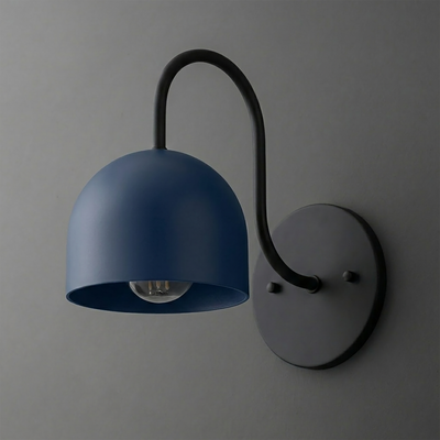 Matte blue dome-shaped metal shade sconce with curved black arm and round black wall mount. - SCONCE MODEL NO. 6308