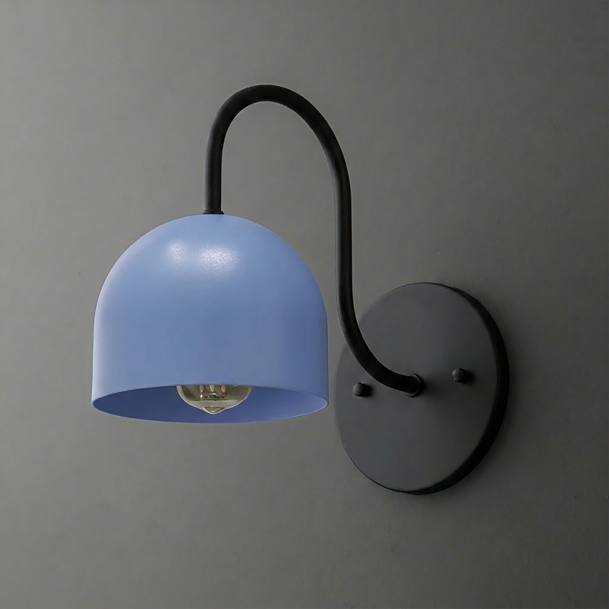 Matte black metal wall sconce with curved arm and matte blue dome-shaped shade, single bulb design. - SCONCE MODEL NO. 6308