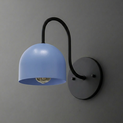 Matte black metal wall sconce with curved arm and matte blue dome-shaped shade, single bulb design. - SCONCE MODEL NO. 6308