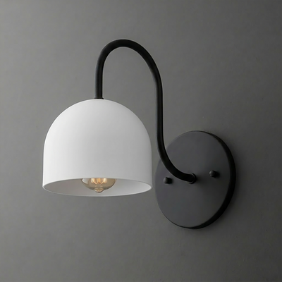 Black metal wall sconce with curved arm and white dome-shaped glass shade, 1-bulb design. - SCONCE MODEL NO. 6308