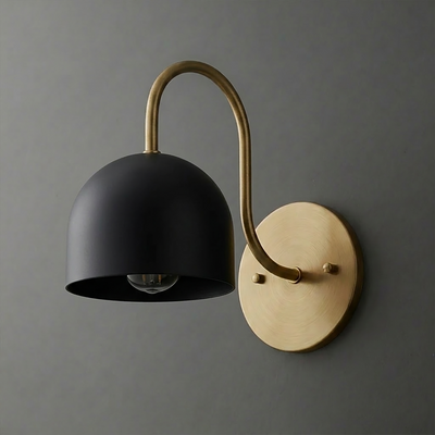 Matte black dome-shaped metal sconce with curved brass arm and round brass wall plate. - SCONCE MODEL NO. 6308