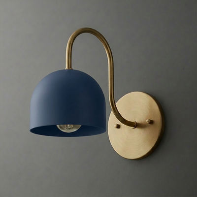 Wall sconce with matte navy blue dome shade and curved brushed brass arm and round backplate. - SCONCE MODEL NO. 6308
