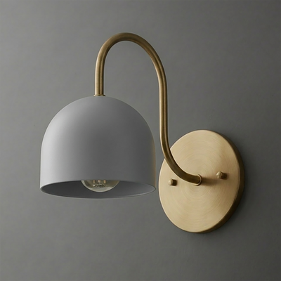 Wall sconce with matte gray dome-shaped shade and curved brushed brass arm and round base. - SCONCE MODEL NO. 6308