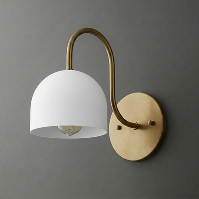 Wall sconce with matte white dome shade and curved brass arm mounted on round brass base. - SCONCE MODEL NO. 6308