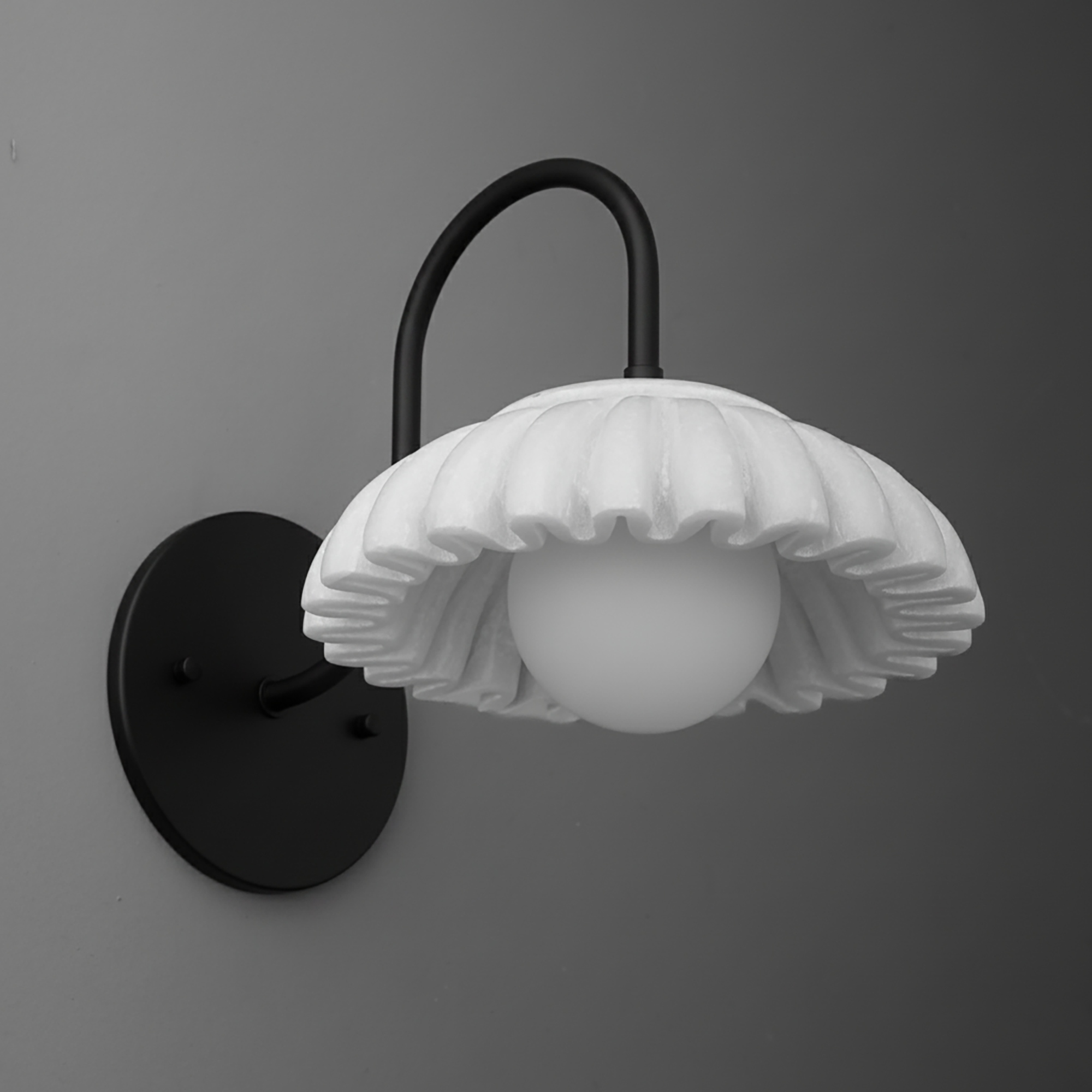 Black metal wall sconce with curved arm and white scalloped glass globe shade. - SCONCE MODEL NO. 2782