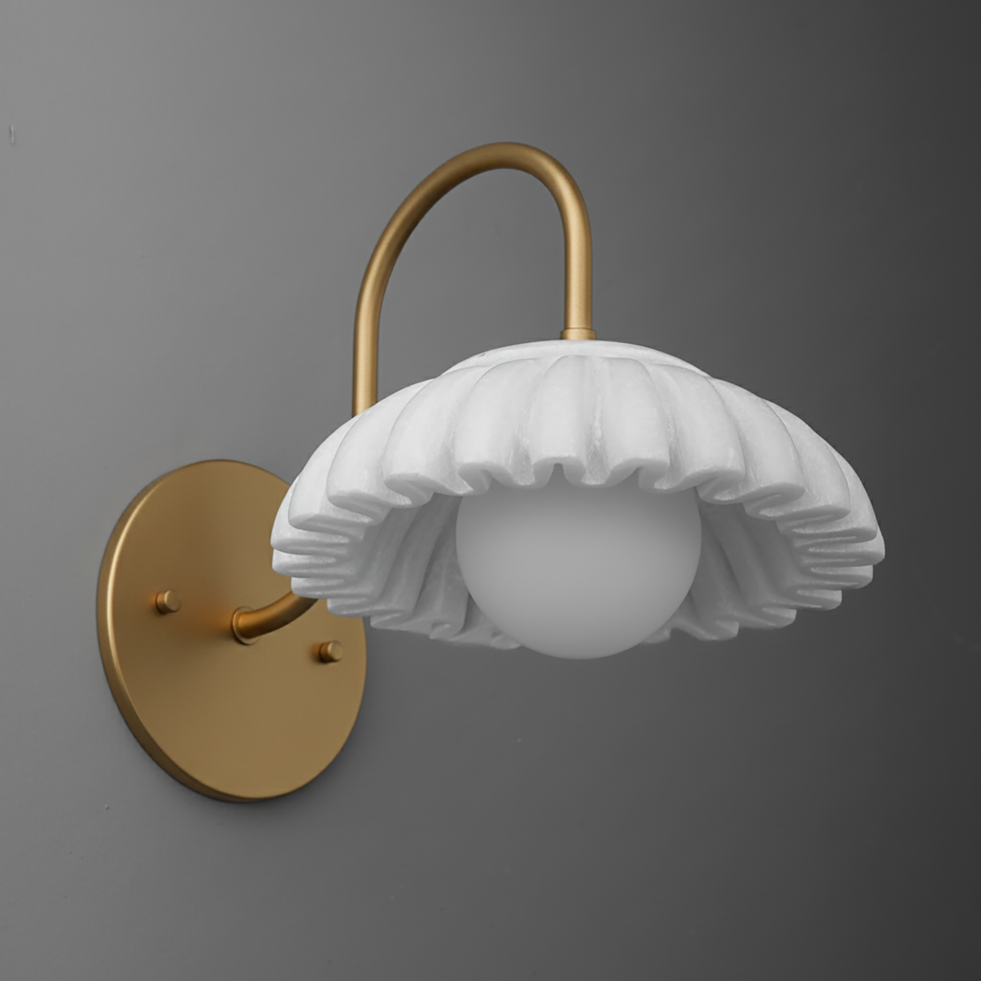 Wall sconce with matte gold curved arm and round base, featuring a white fluted ceramic shade and frosted globe bulb. - SCONCE MODEL NO. 2782