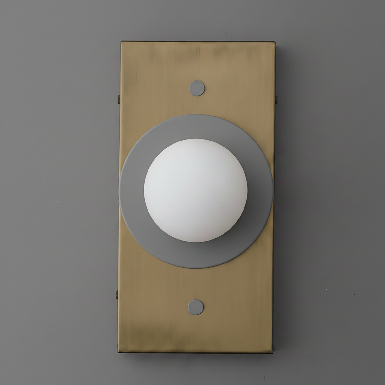 Antique brass rectangular sconce with matte gray circular base and white globe light. - SCONCE MODEL NO. 4474