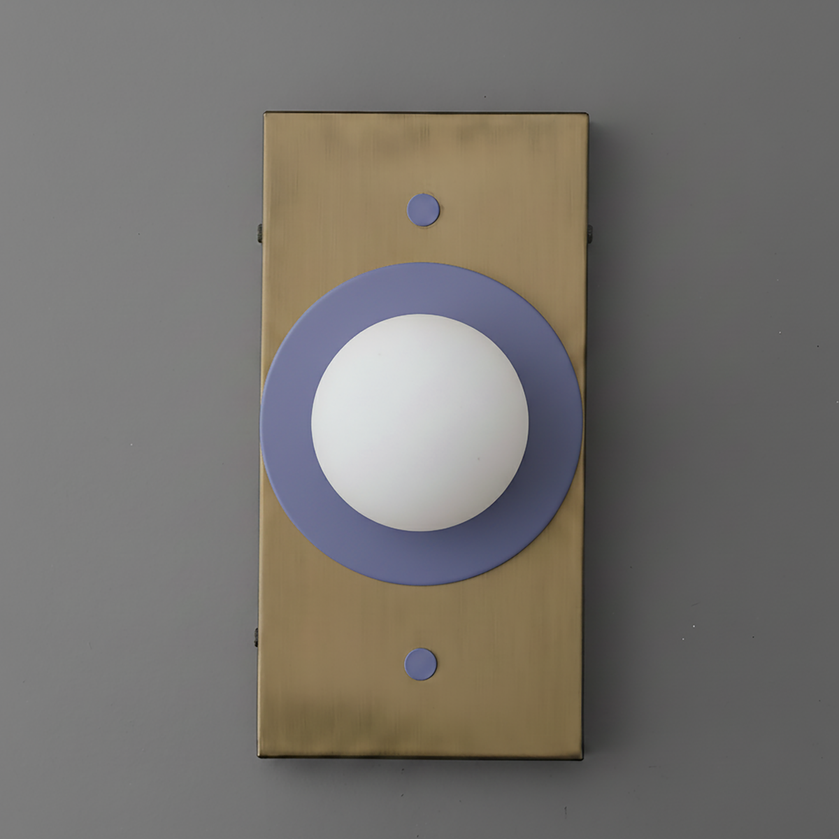 Antique brass rectangular wall sconce with a matte white globe and periwinkle circular backplate. - SCONCE MODEL NO. 4474