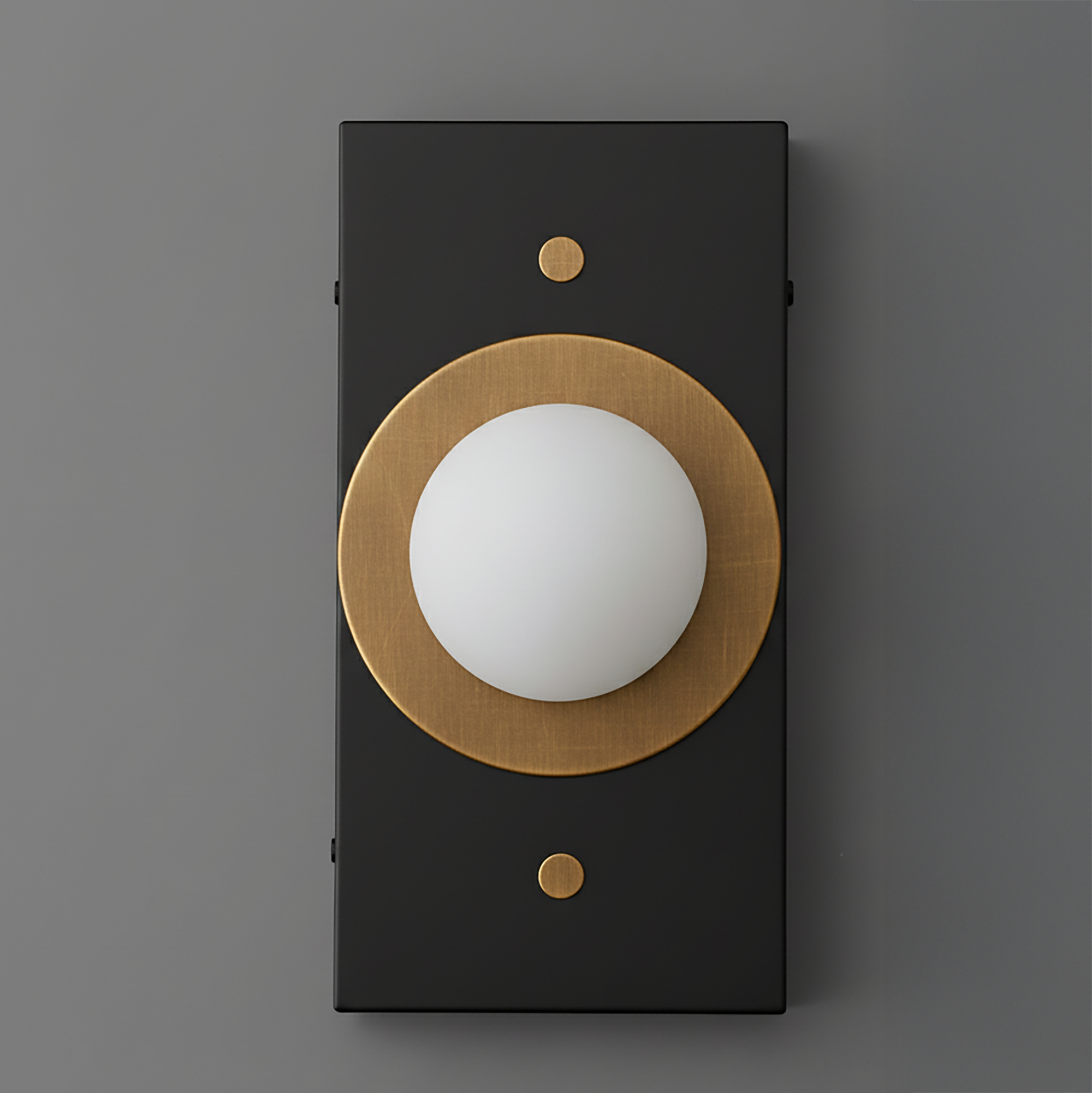 Rectangular black metal sconce with large matte white globe centered on antique brass circular plate with two small brass. - SCONCE MODEL NO. 4474