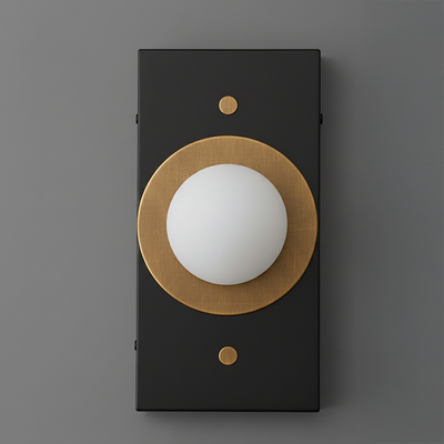 Rectangular black metal sconce with large matte white globe centered on antique brass circular plate with two small brass. - SCONCE MODEL NO. 4474
