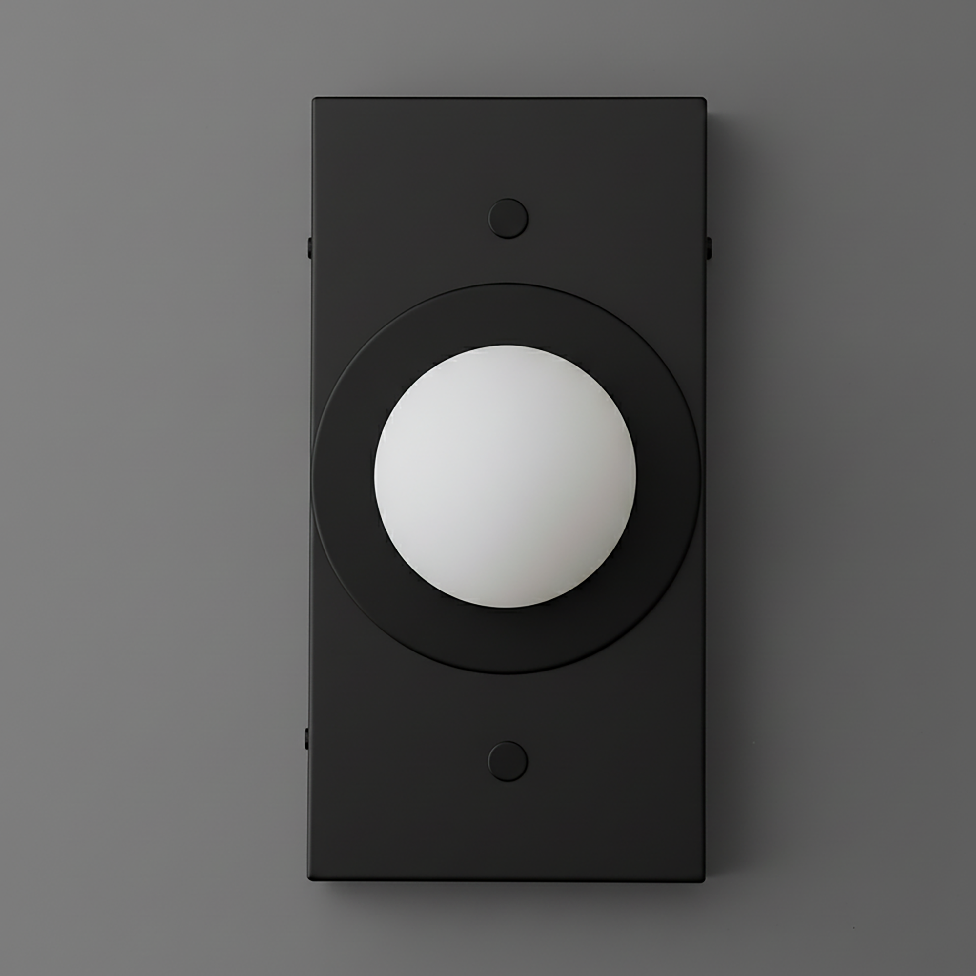 Modern black rectangular wall sconce with large frosted globe light centered on a circular base. - SCONCE MODEL NO. 4474