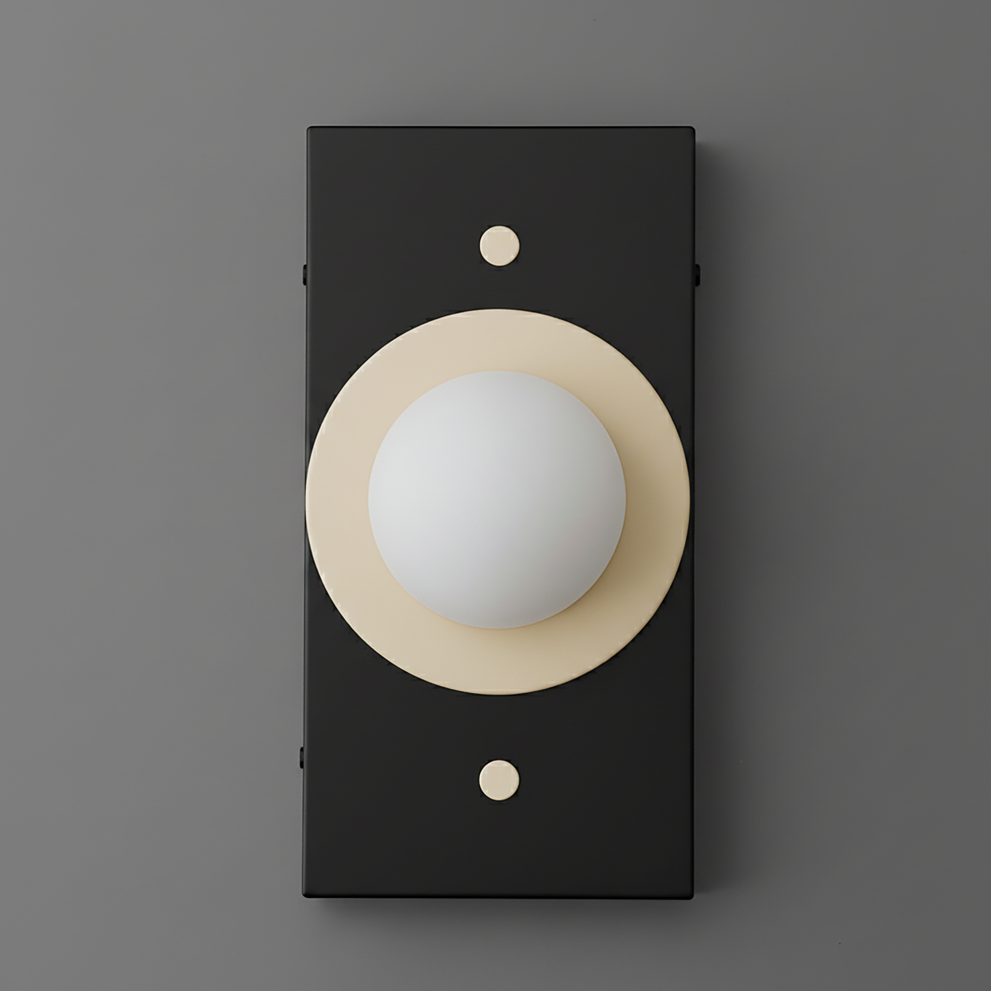 Black rectangular sconce with cream circular accent and white globe light fixture. - SCONCE MODEL NO. 4474