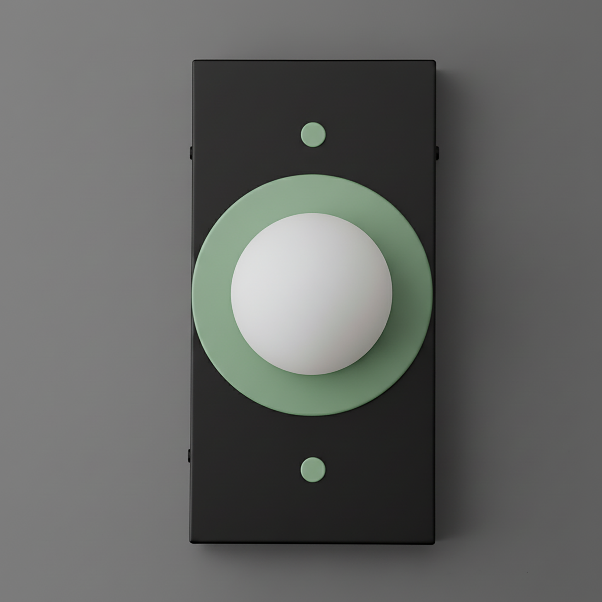 Wall sconce with matte black rectangular base and matte green circular accent around a white globe light. - SCONCE MODEL NO. 4474