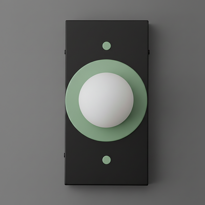 Wall sconce with matte black rectangular base and matte green circular accent around a white globe light. - SCONCE MODEL NO. 4474