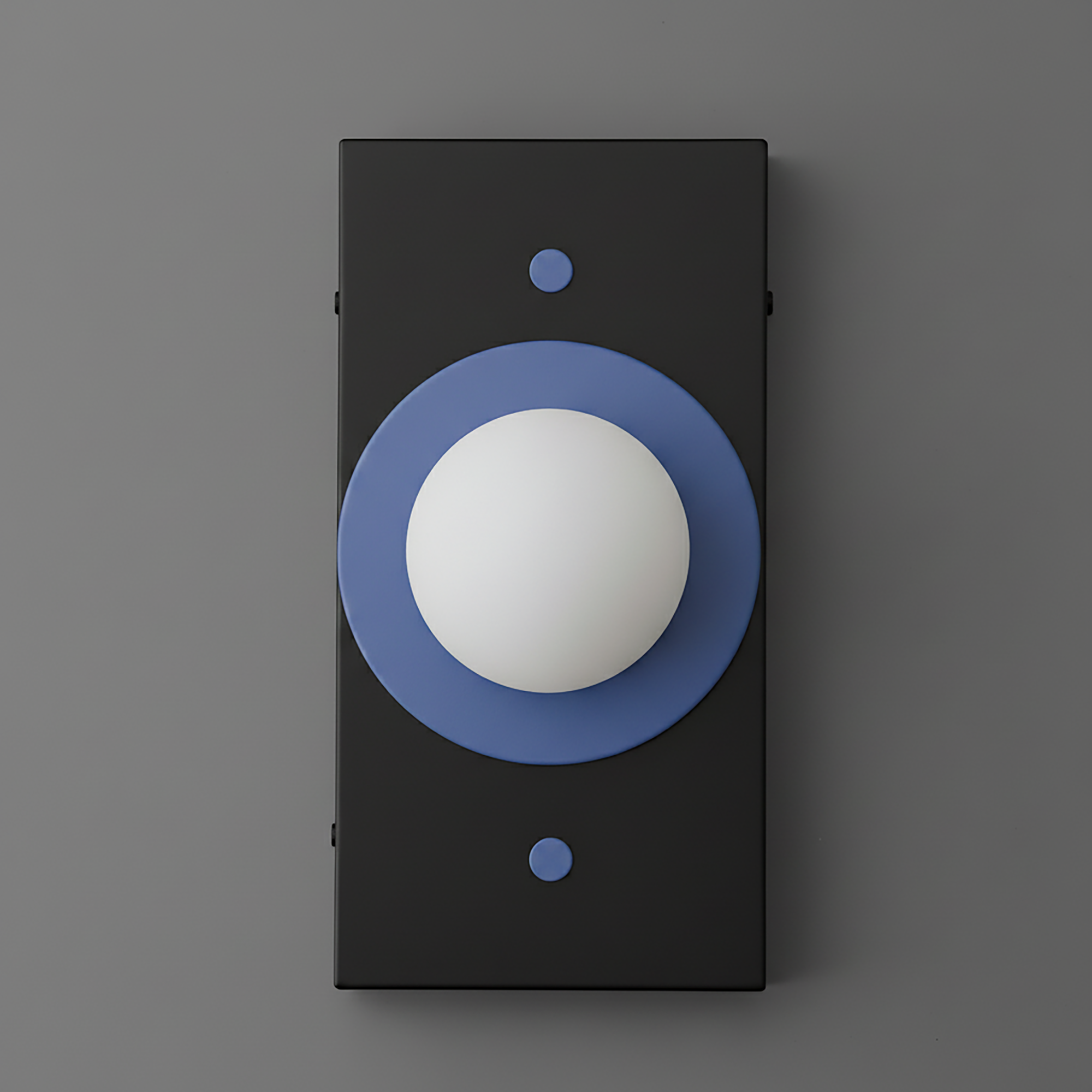 Wall sconce with black rectangular backplate and periwinkle blue circular frame around frosted white globe light. - SCONCE MODEL NO. 4474