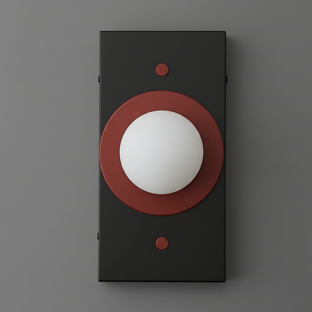 Minimalist black rectangular sconce with large round brick red accent and white globe light. - SCONCE MODEL NO. 4474