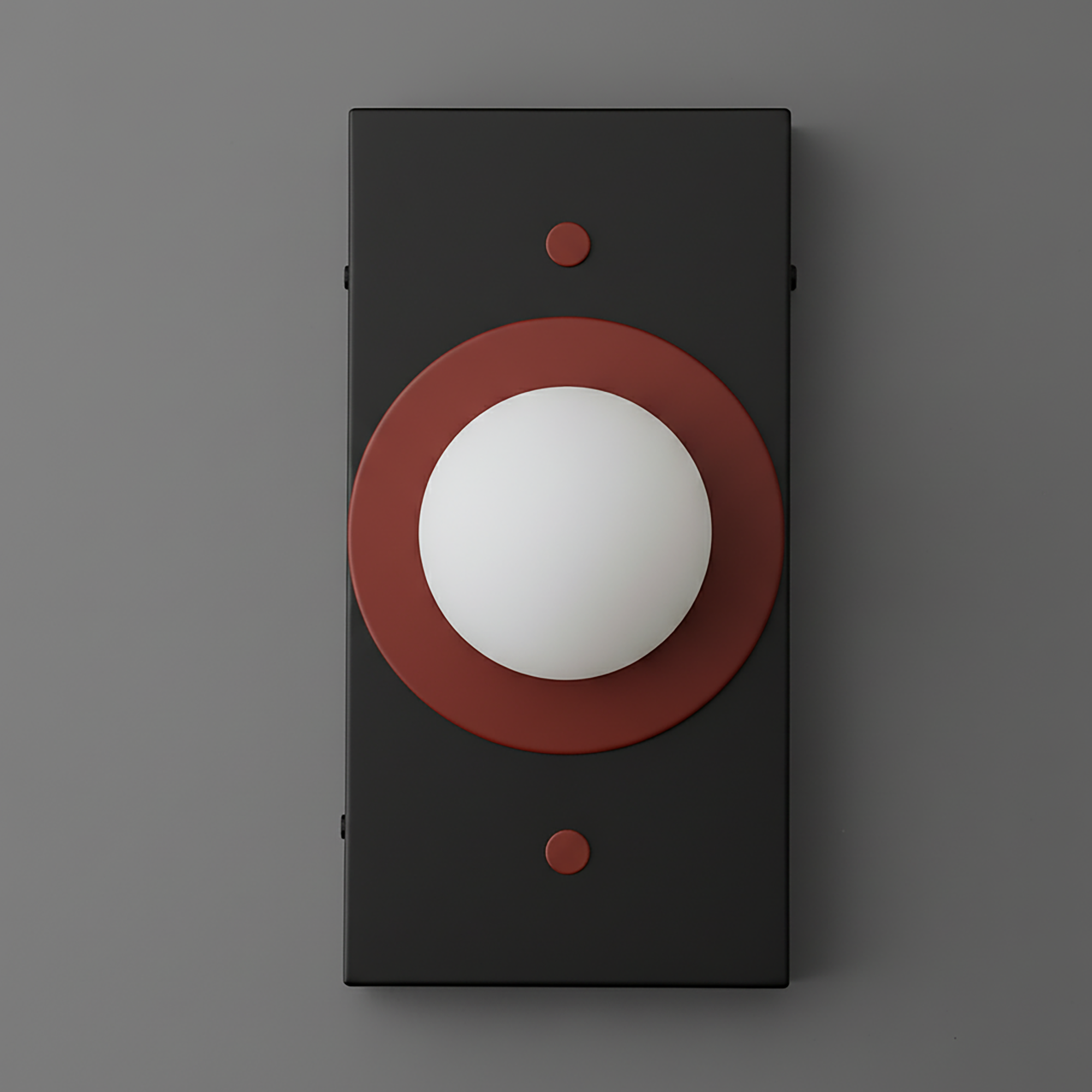 Minimalist black rectangular sconce with large round brick red accent and white globe light. - SCONCE MODEL NO. 4474