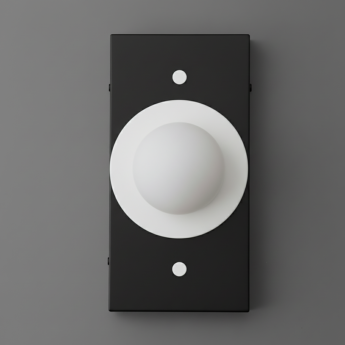 Minimalist black rectangular wall sconce with a central white matte globe light and two small accent screws. - SCONCE MODEL NO. 4474
