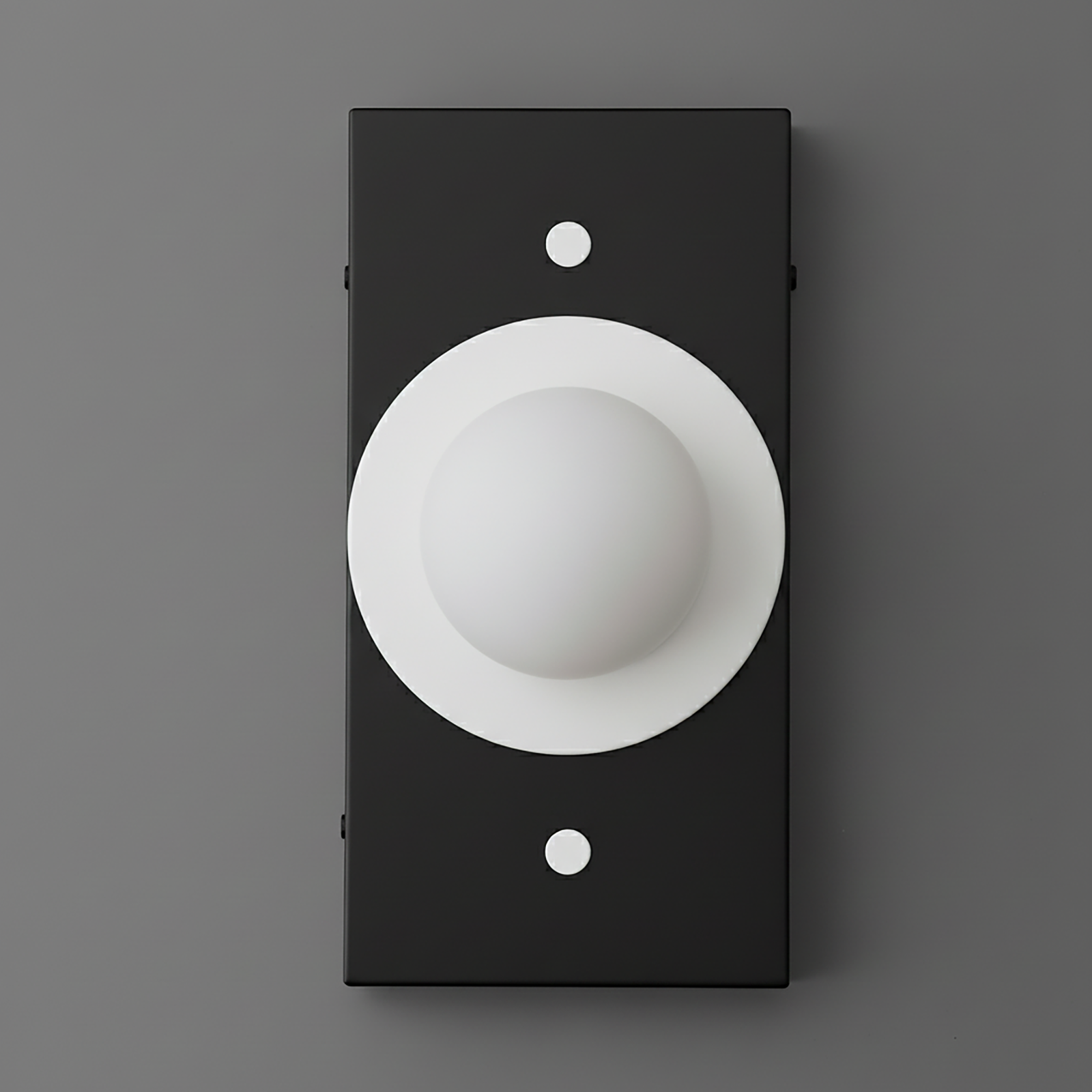 Minimalist black rectangular wall sconce with a central white matte globe light and two small accent screws. - SCONCE MODEL NO. 4474
