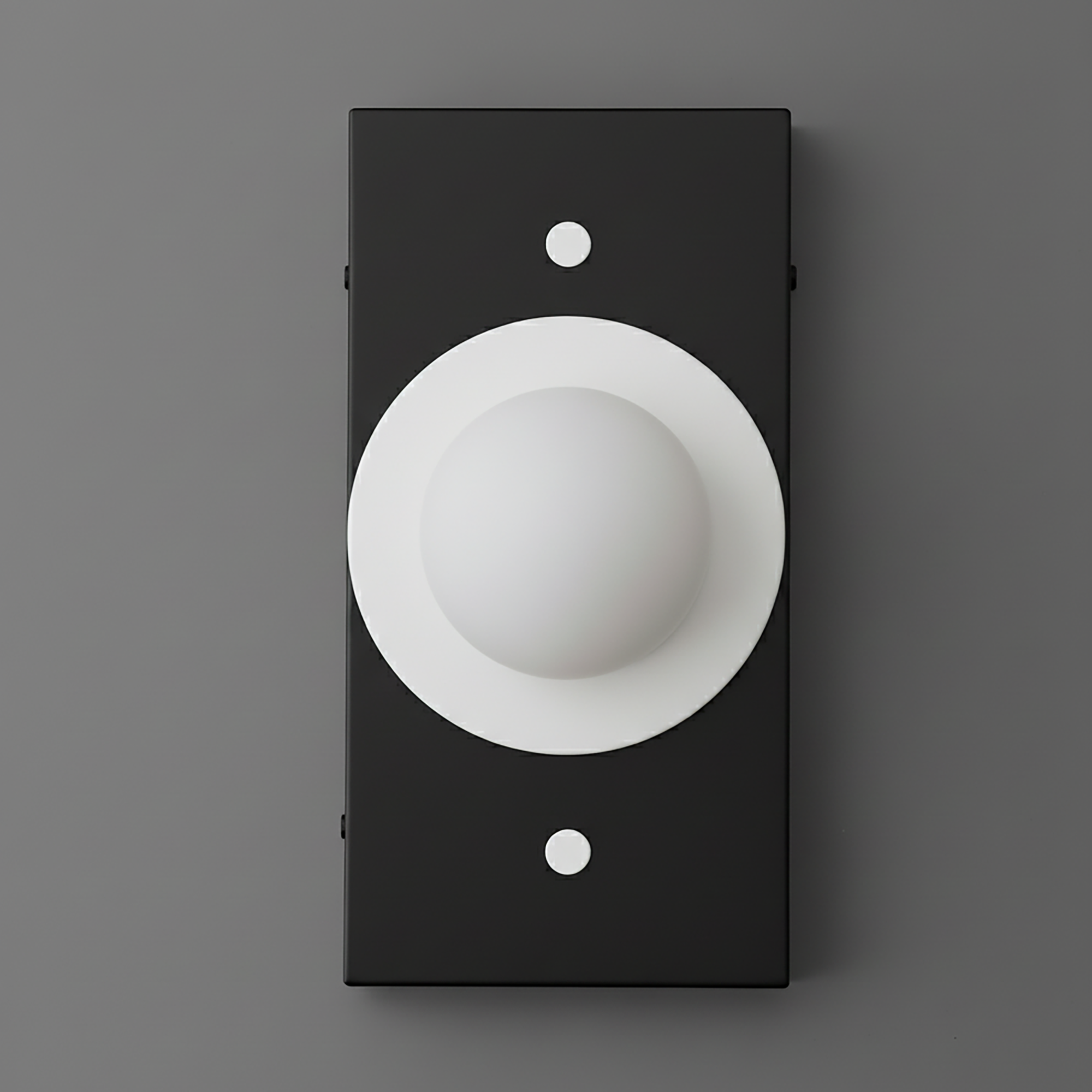 Minimalist black rectangular wall sconce with a central white matte globe light and two small accent screws. - SCONCE MODEL NO. 4474