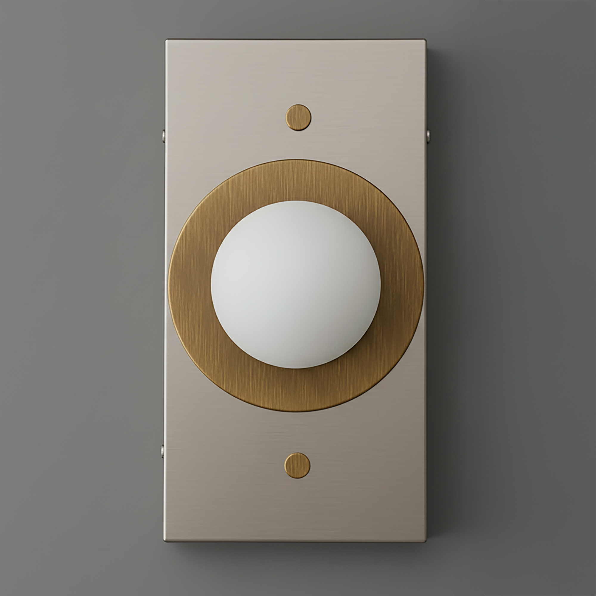 Wall sconce with matte brass circular accent and white globe light on brushed metal rectangular base. - SCONCE MODEL NO. 4474