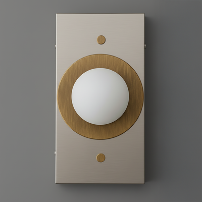 Wall sconce with matte brass circular accent and white globe light on brushed metal rectangular base. - SCONCE MODEL NO. 4474
