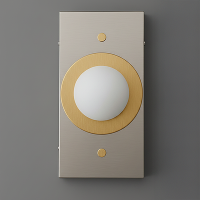 Wall sconce with matte gray rectangular backplate and round white globe framed by brushed antique brass ring. - SCONCE MODEL NO. 4474