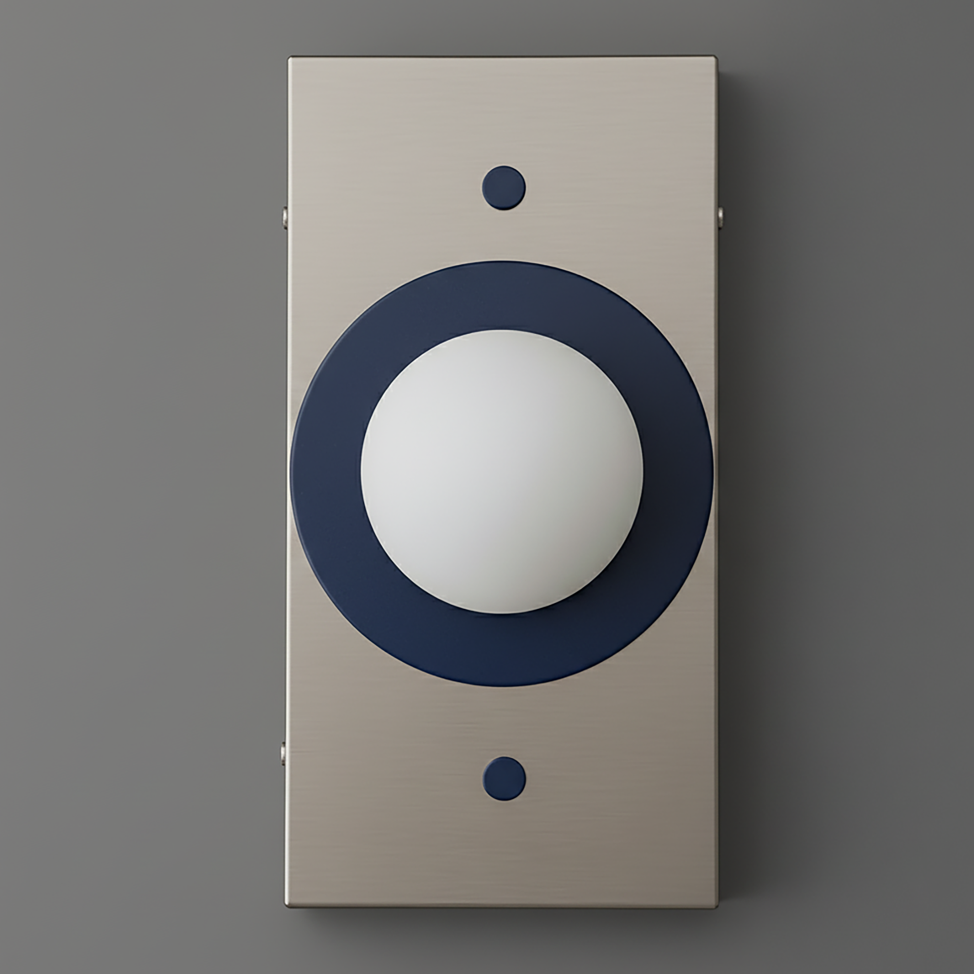 Rectangular antique brass sconce with white globe centered inside a navy blue circular frame on gray background. - SCONCE MODEL NO. 4474