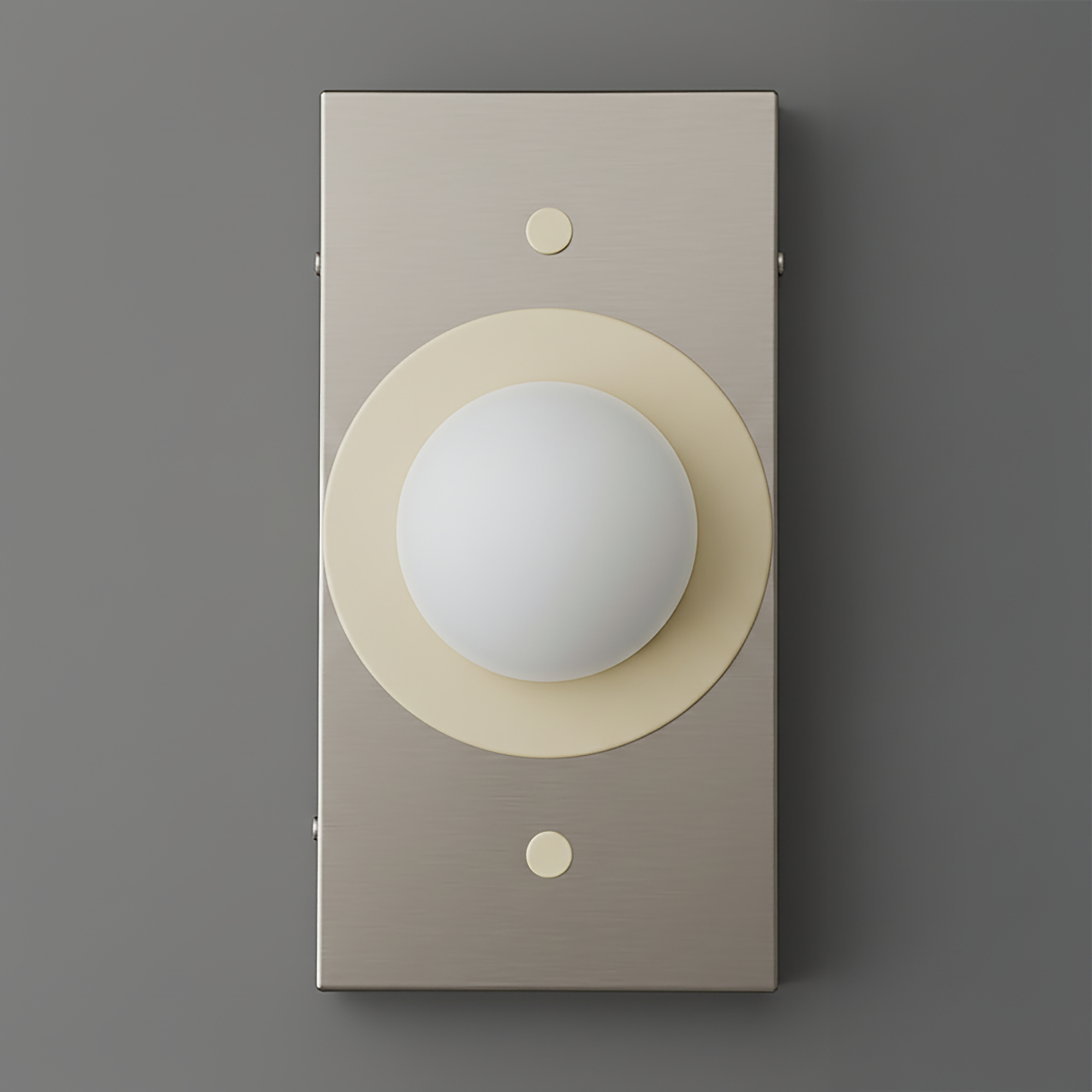 Wall sconce with brushed antique brass rectangular backplate and cream circular accent around frosted globe bulb. - SCONCE MODEL NO. 4474