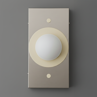 Wall sconce with brushed antique brass rectangular backplate and cream circular accent around frosted globe bulb. - SCONCE MODEL NO. 4474